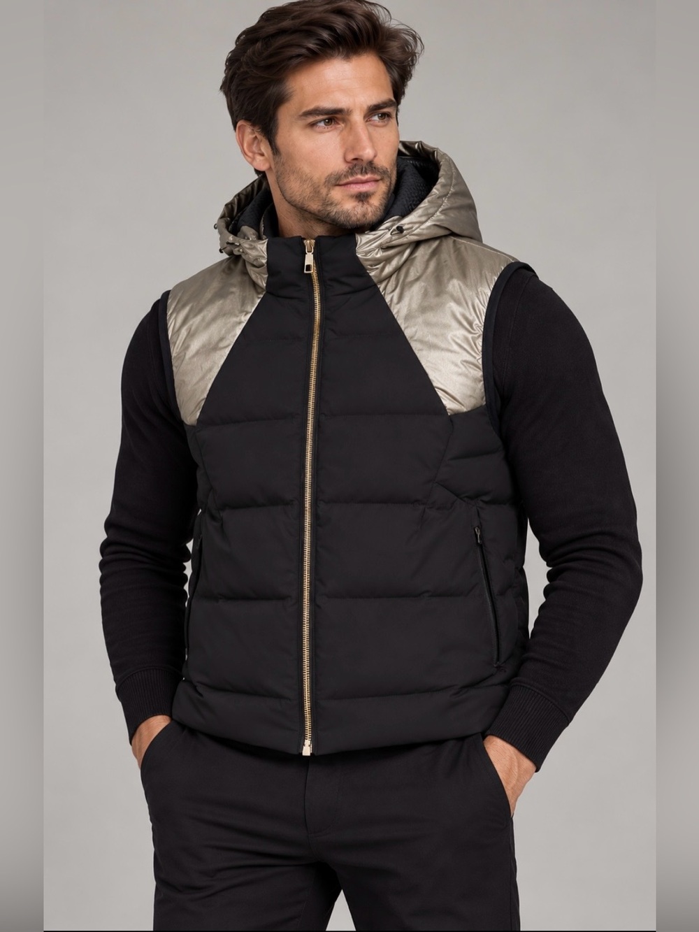 Hugo Boss Black Quilted Puffer Vest with bronze Hood
